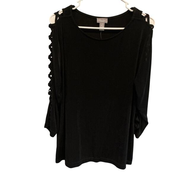 Chicos Travelers Lattice Top 3/4th Length Sleeve Size Large 2 Black NEW Airplane - Picture 1 of 6